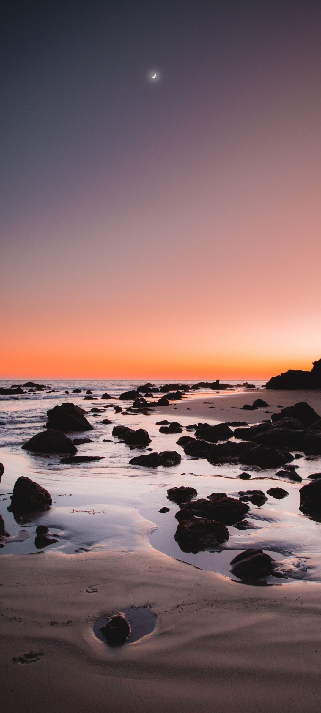 Rocky beach Wallpaper 4K, Sunrise, Crescent Moon, Dawn